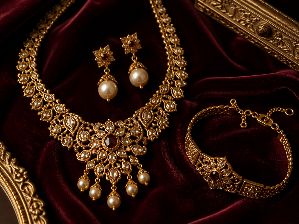 Vintage gold jewelry on maroon velvet