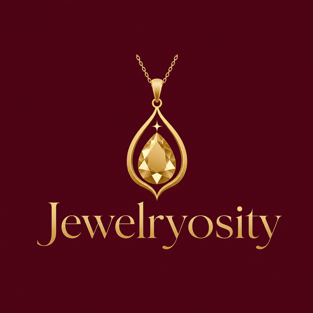 Jewelryosity brand mark featuring a gold pendant on a maroon background